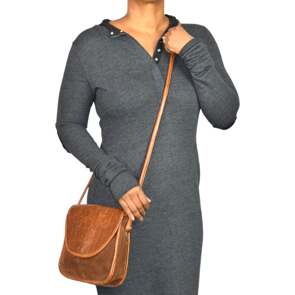 Vintage Enzo Angiolini Saddle Bag Dark Brown Crossbody Leather Suede Embossed - Picture 12 of 16